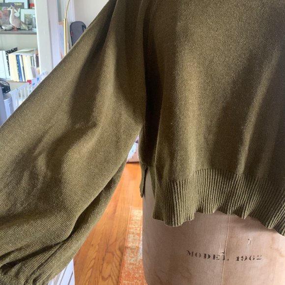 Zara Olive Knit Sweater w/ Tie Back and Side Slits, Back Vent & Puff Sleeves - Picture 2 of 5